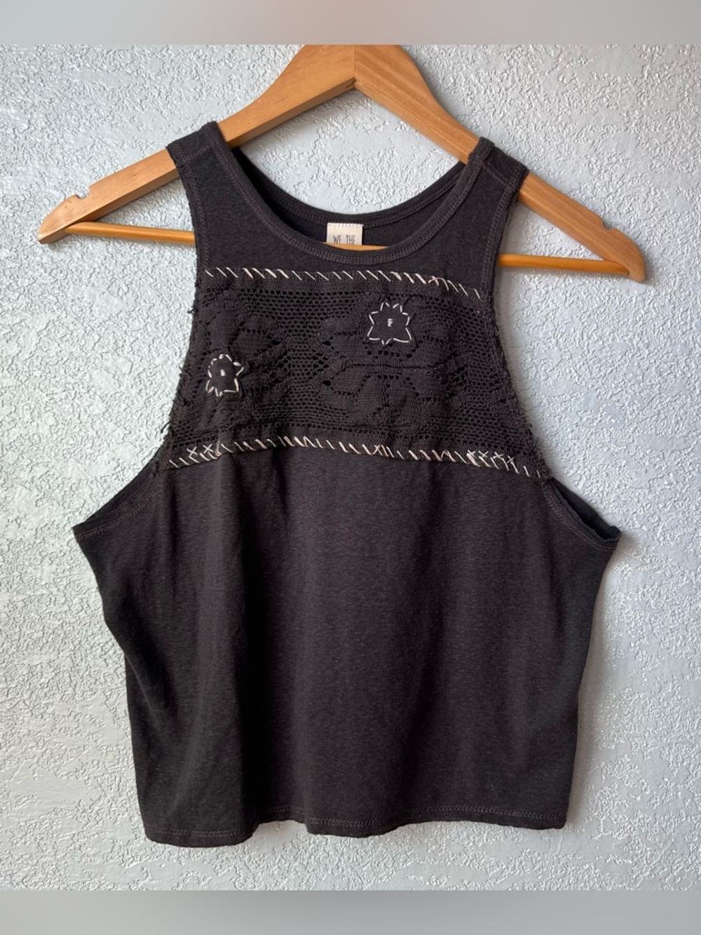 We The Free Crochet Panel Tank Top Boho Raw Hem Festival Brown XS